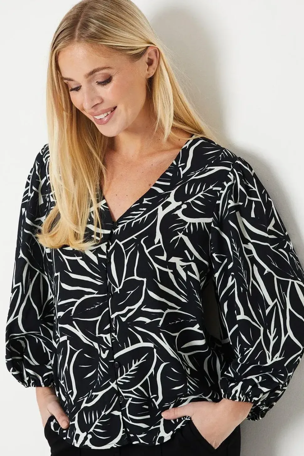 Petite Palm Print Button Through Blouse
