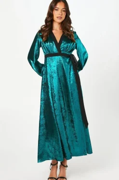 Petite Party Metallic Long Sleeve Wrap Midi Dress