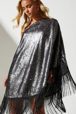 Petite Party Sequin One Shoulder Mini Dress With Fringe