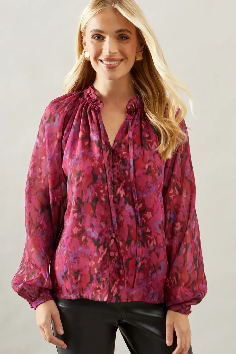 Petite Pink Abstract Neck Detail Blouse