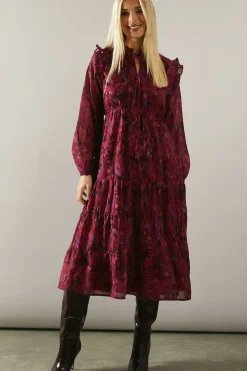 Petite Pink Abstract Tie Neck Long Sleeve Midi Dress