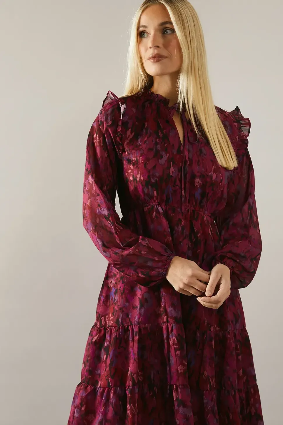 Petite Pink Abstract Tie Neck Long Sleeve Midi Dress