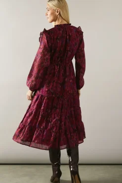 Petite Pink Abstract Tie Neck Long Sleeve Midi Dress