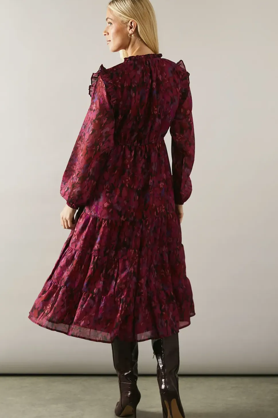 Petite Pink Abstract Tie Neck Long Sleeve Midi Dress
