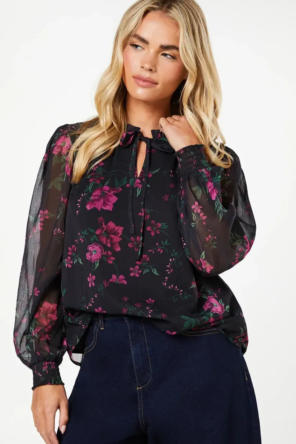 Petite Pink Floral Chiffon Ruffle Shoulder Overhead Blouse