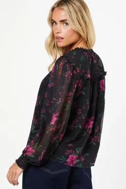 Petite Pink Floral Chiffon Ruffle Shoulder Overhead Blouse