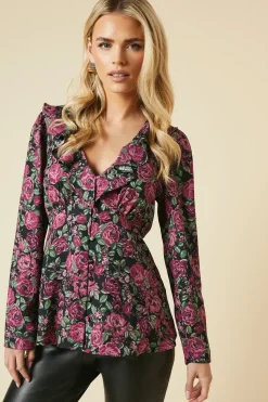 Petite Pink Floral Ruffle Neck Long Sleeve Button Front Tea Blouse