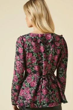 Petite Pink Floral Ruffle Neck Long Sleeve Button Front Tea Blouse