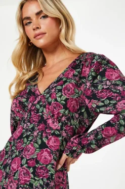 Petite Pink Floral Shirred Shoulder Empire Long Sleeve Mini Dress
