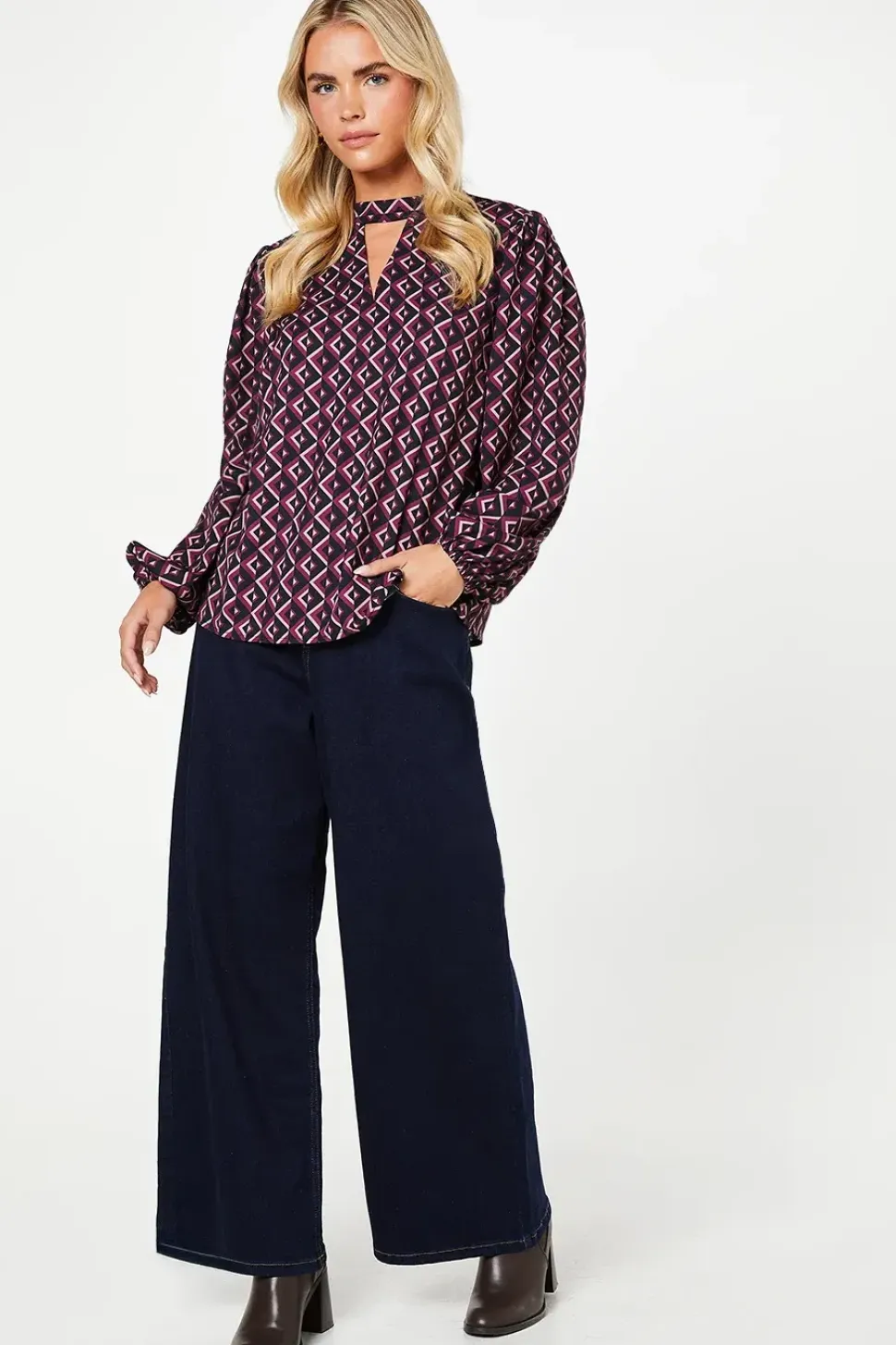 Petite Pink Geo Keyhole Blouse