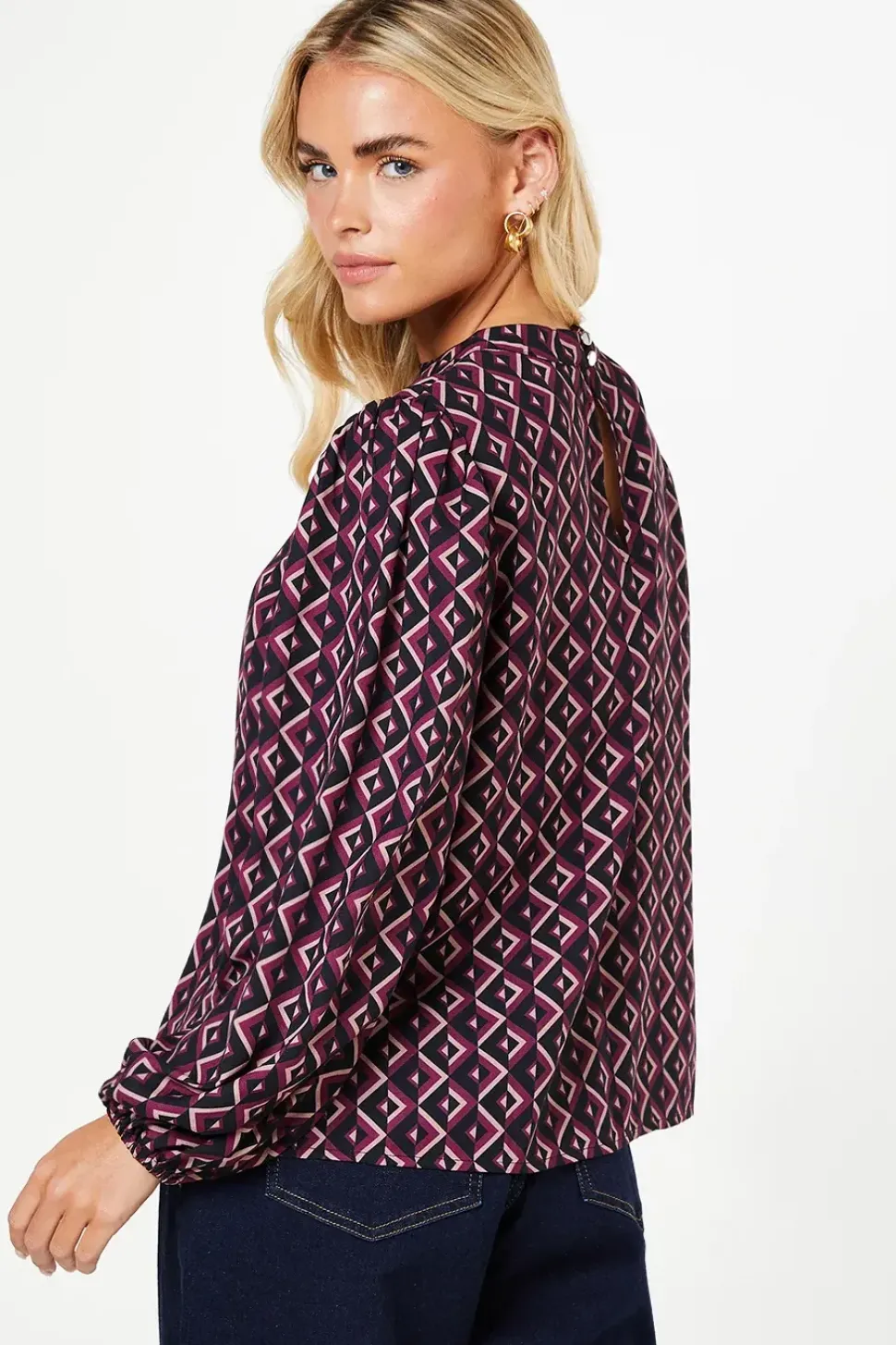Petite Pink Geo Keyhole Blouse