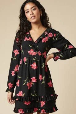 Petite Pink Large Floral Ruffle Wrap Long Sleeve Mini Dress