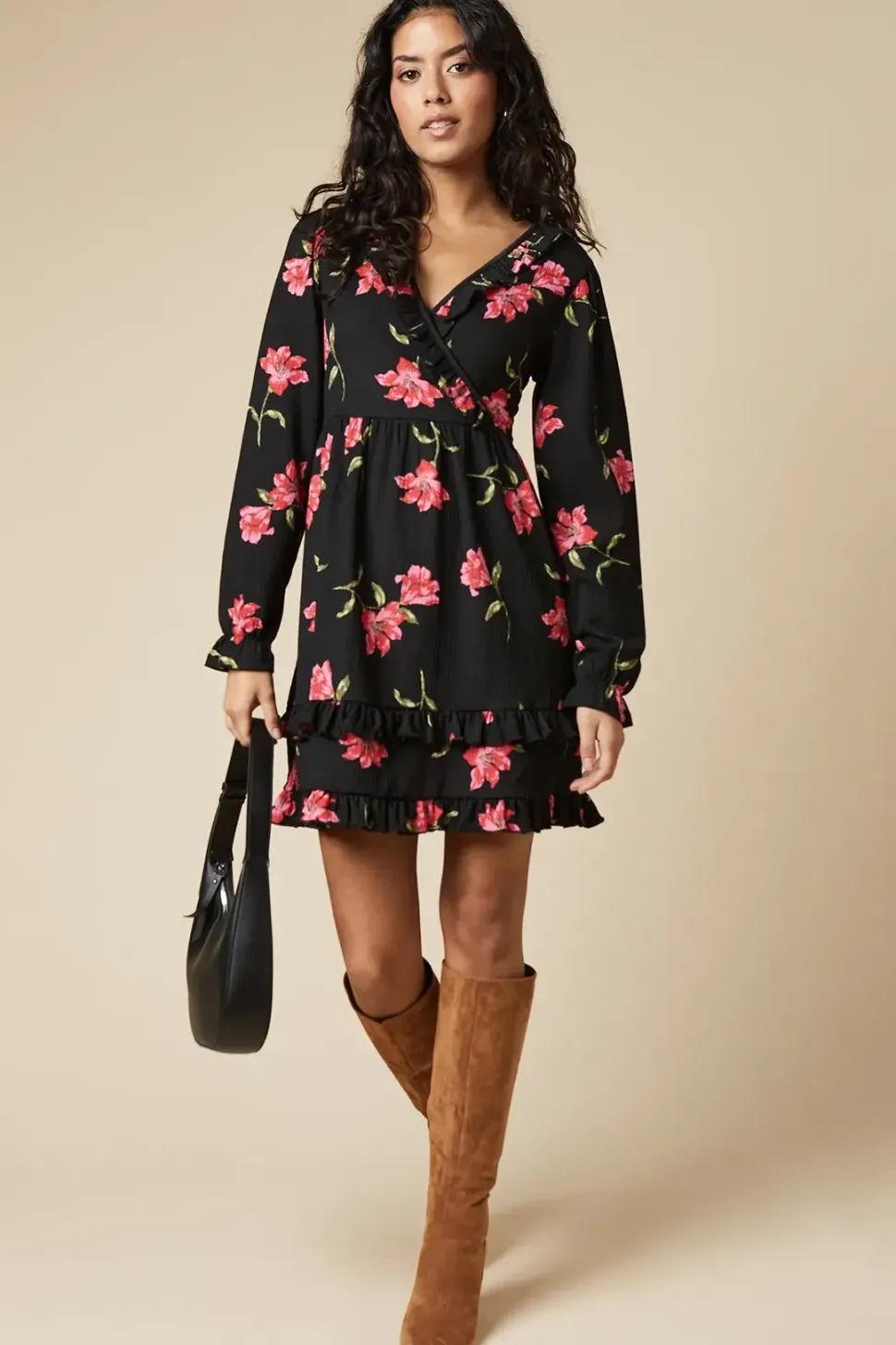 Petite Pink Large Floral Ruffle Wrap Long Sleeve Mini Dress