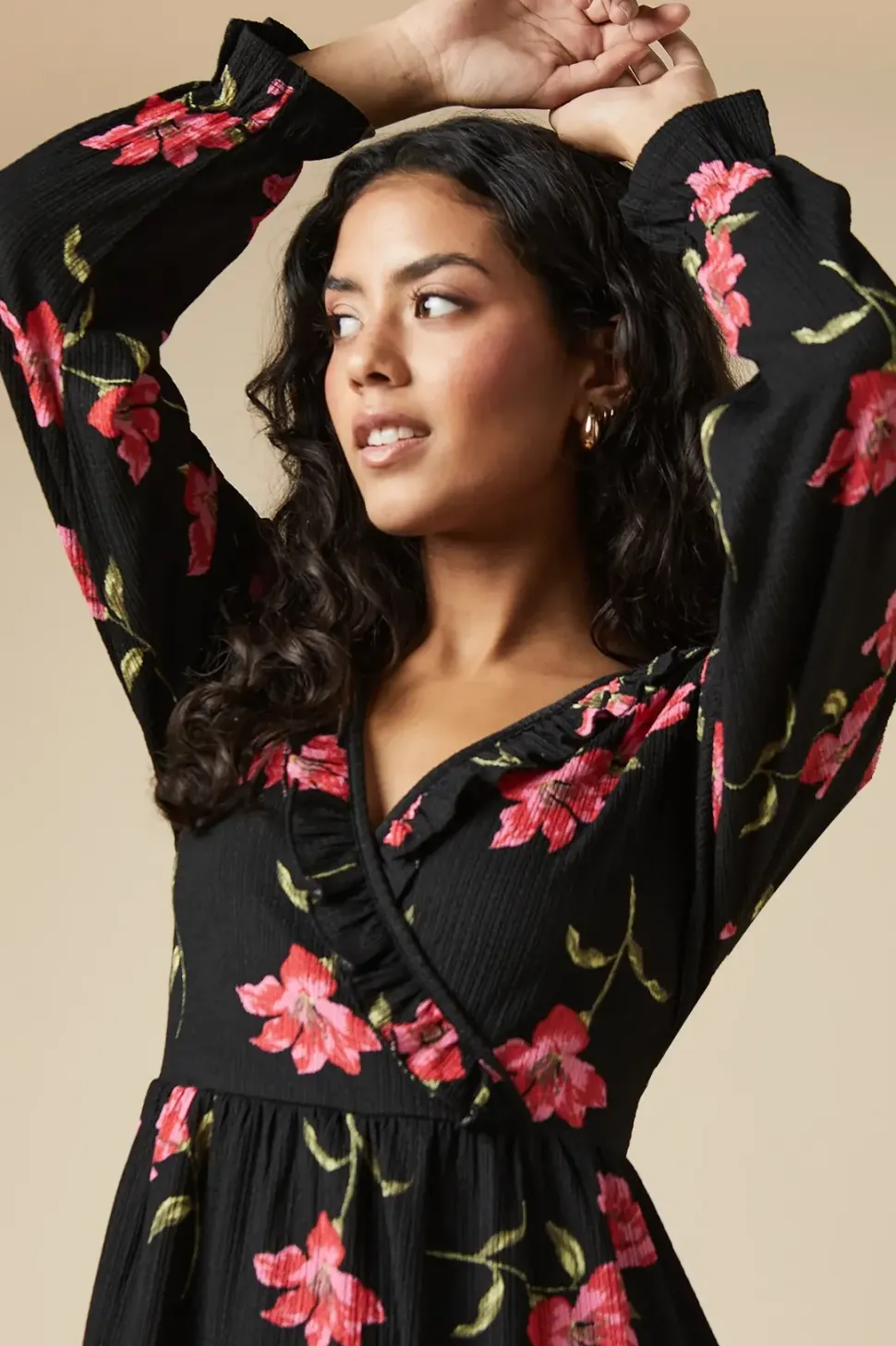Petite Pink Large Floral Ruffle Wrap Long Sleeve Mini Dress