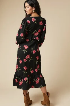 Petite Pink Large Floral Tie Front Ruffle Bust Long Sleeve Midi Dress