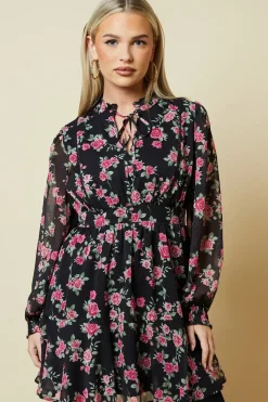 Petite Pink Rose Chiffon Lace Insert Long Sleeve Mini Dress