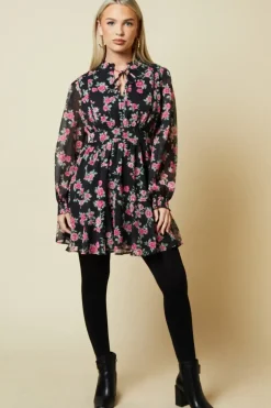 Petite Pink Rose Chiffon Lace Insert Long Sleeve Mini Dress