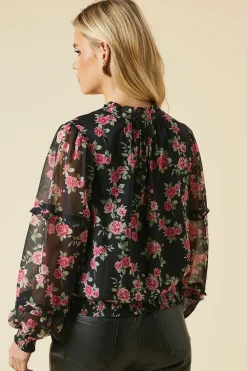 Petite Pink Rose Chiffon Ruffle Sleeve Shirred Hem Blouse