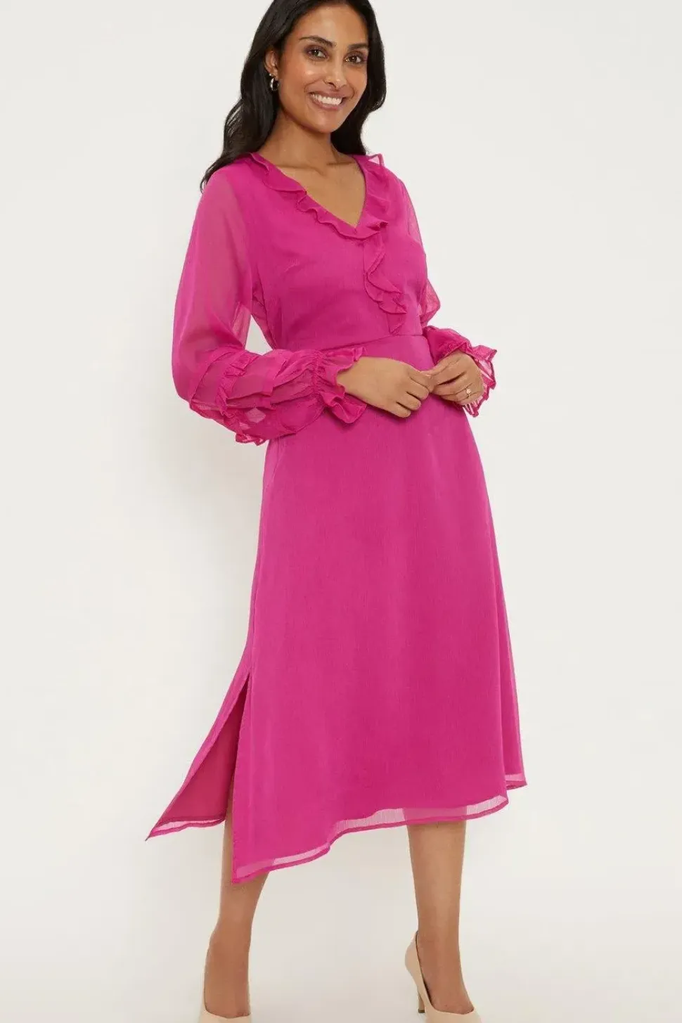 Petite Pink Ruffle Front Midi Dress