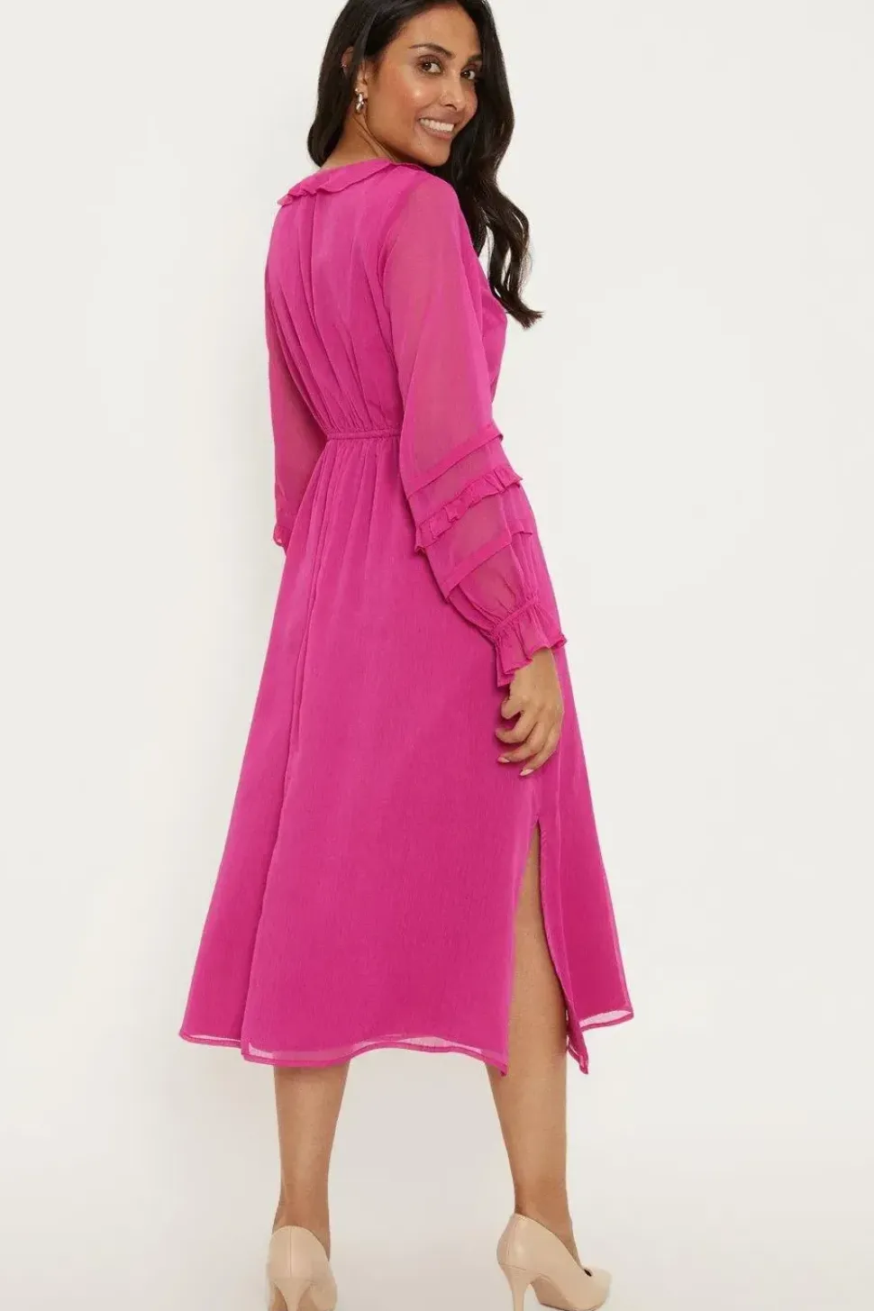 Petite Pink Ruffle Front Midi Dress