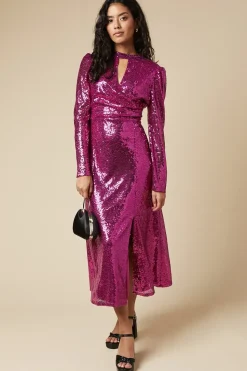 Petite Pink Sequin Keyhole Midi Dress