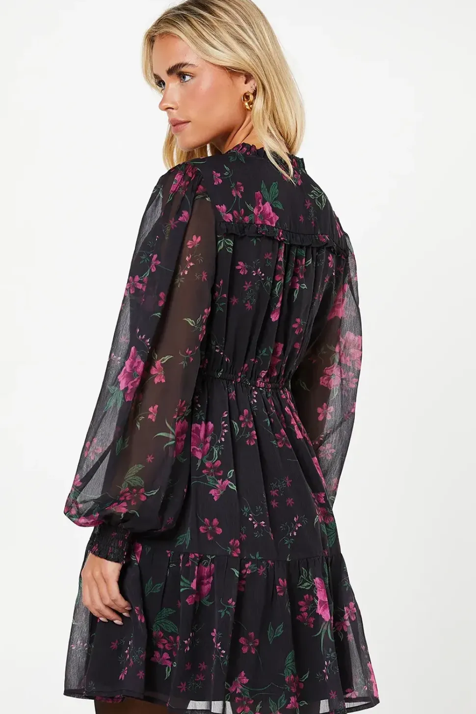 Petite Pink Spaced Floral Chiffon Ruffle Hem Long Sleeve Mini Dress