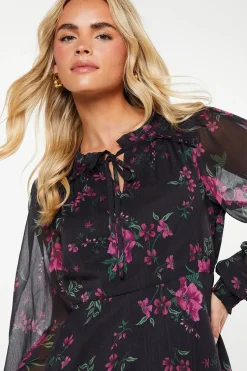 Petite Pink Spaced Floral Chiffon Ruffle Hem Long Sleeve Mini Dress