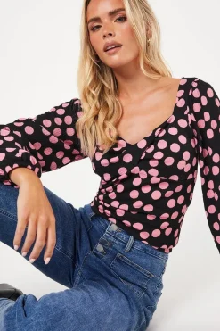 Petite Pink Spot Twist Front Long Sleeve Top
