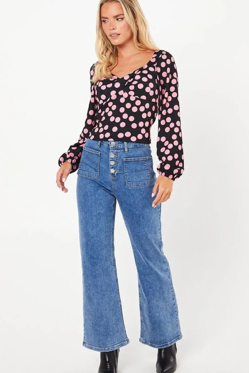 Petite Pink Spot Twist Front Long Sleeve Top
