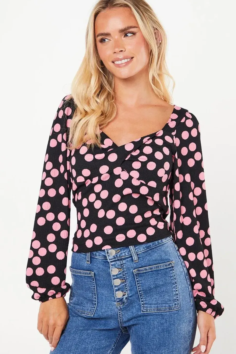Petite Pink Spot Twist Front Long Sleeve Top