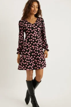 Petite Pink Spot V Neck Long Sleeve Mini