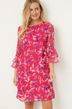Petite Pink Watercolour Floral Ruffle Sleeve Shift Dress