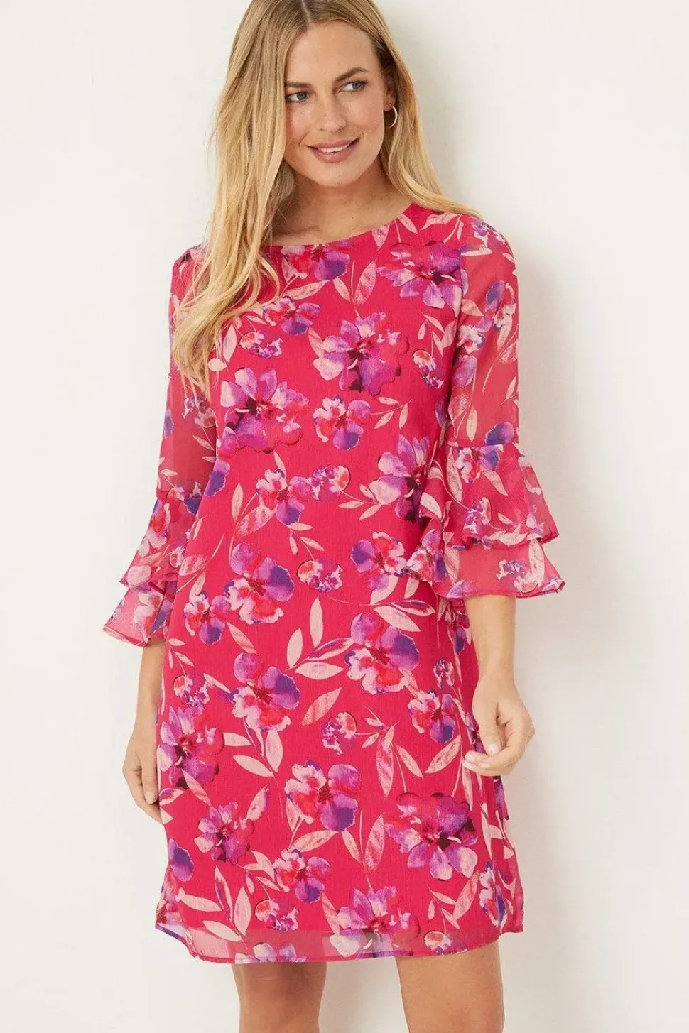 Petite Pink Watercolour Floral Ruffle Sleeve Shift Dress