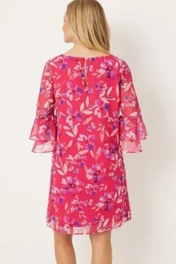 Petite Pink Watercolour Floral Ruffle Sleeve Shift Dress