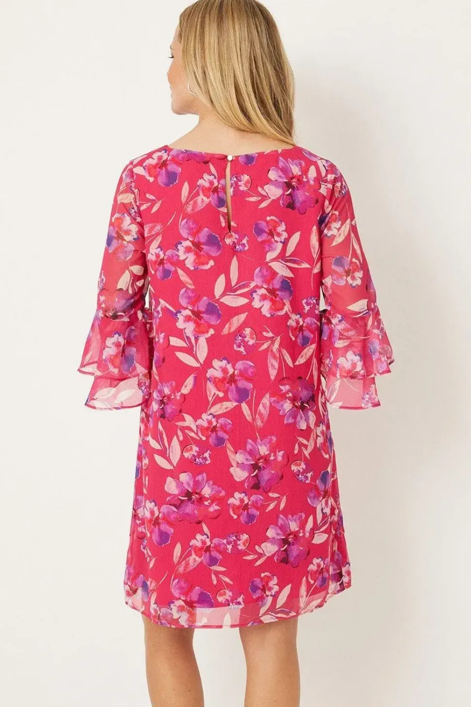 Petite Pink Watercolour Floral Ruffle Sleeve Shift Dress