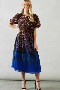 Petite Placement Print Puff Sleeve Midi Dress