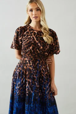 Petite Placement Print Puff Sleeve Midi Dress