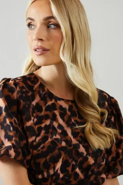 Petite Placement Print Puff Sleeve Midi Dress