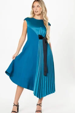 Petite Pleated And Panelled Contrast Tie Satin Midi Dress