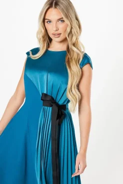 Petite Pleated And Panelled Contrast Tie Satin Midi Dress