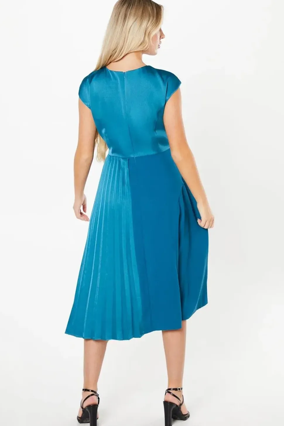 Petite Pleated And Panelled Contrast Tie Satin Midi Dress
