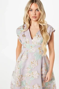 Petite Pleated Bodice Organza Jacquard Midi Dress