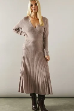 Petite Pleated Skirt Wrap Detail Knitted Midi Dress