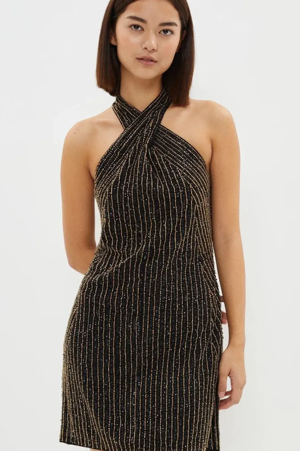 Petite Premium Linear Sequin Cross Neck Dress