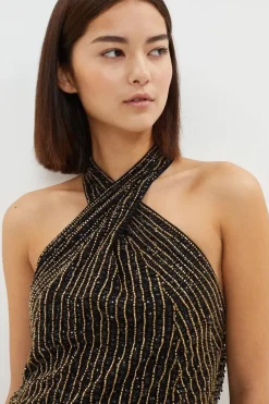 Petite Premium Linear Sequin Cross Neck Dress