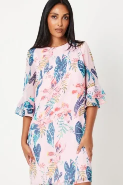 Petite Printed Chiffon Flute Sleeve Shift Dress