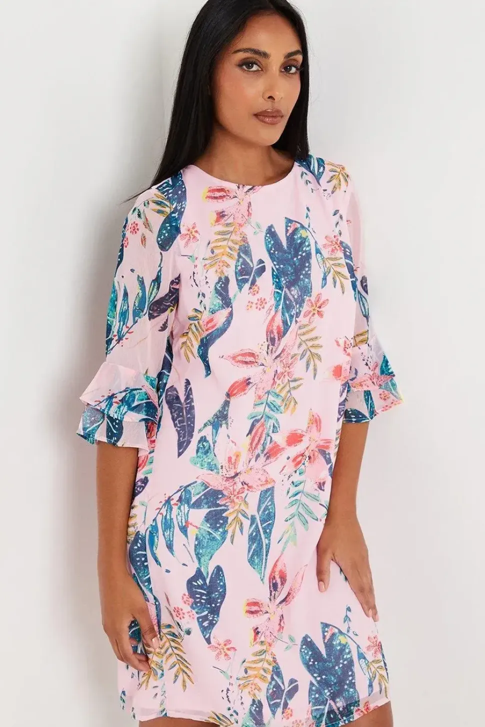 Petite Printed Chiffon Flute Sleeve Shift Dress