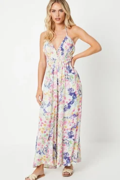 Petite Printed Crinkle Channel Detail Strappy Jumpsuit
