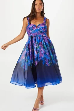 Petite Printed Organza Notch Neck Midi Dress