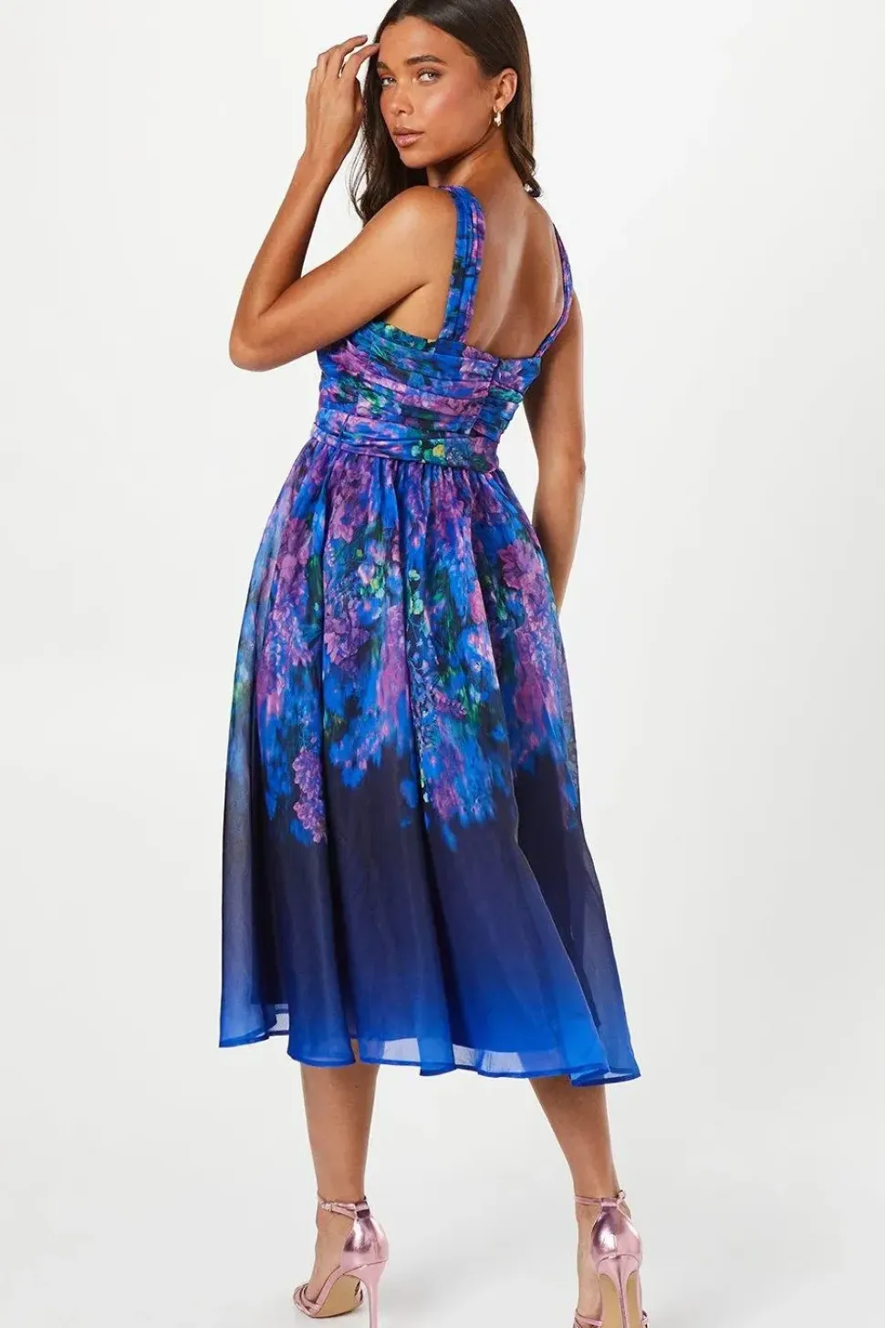 Petite Printed Organza Notch Neck Midi Dress